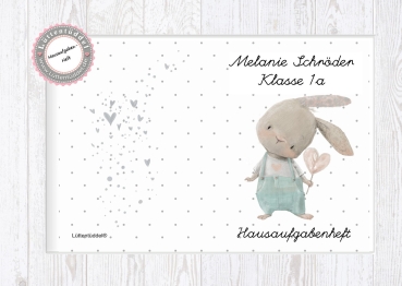 zuckersüßes Schulheft Umschlag Hase mit Herz Hausaufgabenheft in seperater hochwertiger Hülle Einschulung von Lüttentüddel